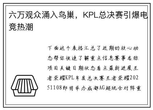 六万观众涌入鸟巢，KPL总决赛引爆电竞热潮 
